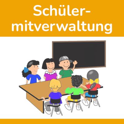 Illustration einer Schülergruppe, sitzend am Tisch, vor einer schwarzen Tafel